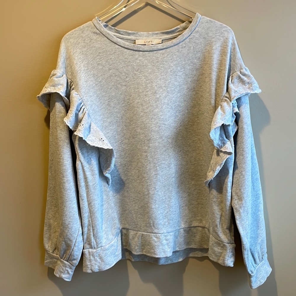LOFT Gray Ruffle Eyelet Sweatshirt